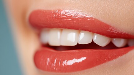 The image highlights a glowing smile with vivid red lipstick on glossy lips, revealing bright white teeth, symbolizing timeless beauty and self-confidence.