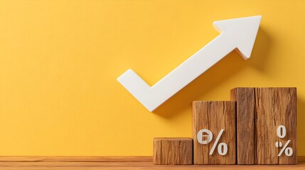 Poster - Falling white arrow and percent icon on a yellow background 3D render symbolizing the decreasing mortgage rates and economic decline in the financial and business sectors