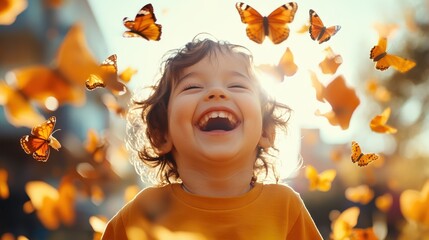 Wall Mural - A beaming child with tousled hair laughs heartily as orange butterflies dance in a sunlit field, capturing the essence of joyful curiosity and nature's playfulness.