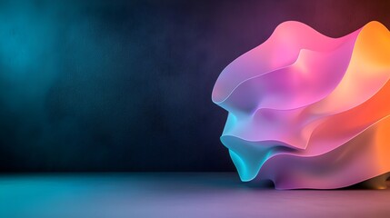 Poster - Mesmerizing 3D render of an iridescent abstract form glowing against a dark textured background with subtle light reflections and fluid dynamic geometry  This captivating