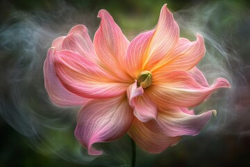 A delicate pink flower with a soft, ethereal glow. The petals are delicately veined and the flower seems to float on a cloud of smoke.