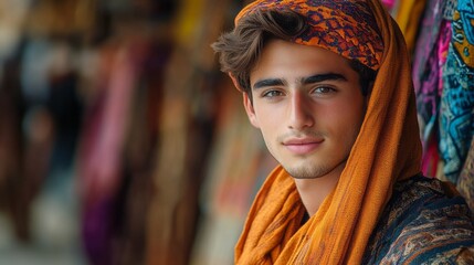 Poster - A young man wearing an orange scarf and a turban is smiling