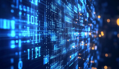 Blue computer screen filled with binary code. Ideal for concepts related to data, technology, and cybersecurity. Abstract information technology background. Digital binary code matrix background
