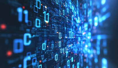 Blue computer screen filled with binary code. Ideal for concepts related to data, technology, and cybersecurity. Abstract information technology background. Digital binary code matrix background
