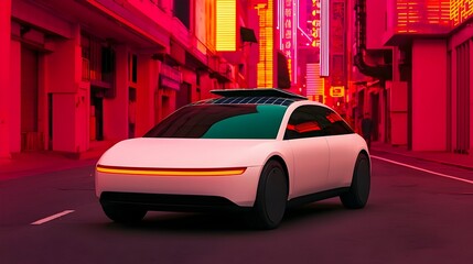 Aufkleber - Futuristic electric vehicle with a sleek minimalistic design autonomous driving technology and solar panels integrated into the roof set against the backdrop of a neon lit vibrant city skyline