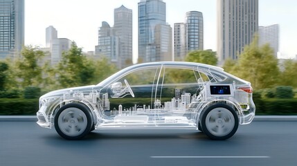 Aufkleber - Innovative concept for an ultra modern transparent electric vehicle with advanced battery technology digital dashboard and sleek minimalist design cruising through a futuristic city landscape