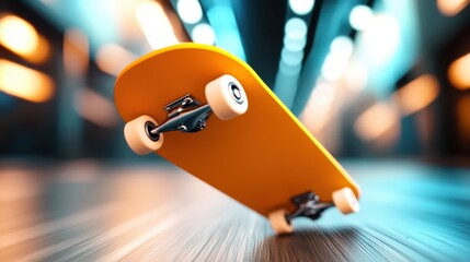 A dynamically poised yellow skateboard captured with a motion blur effect, symbolizing youth, speed, and adventure in a modern and energetic photograph.