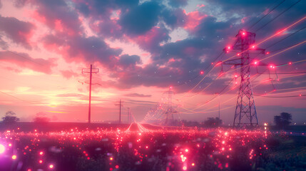 Power lines against a dusk sky with vibrant data streams, highlighting the UK's electricity grid and renewable energy technology.