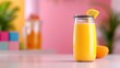 © Lens Legacy - A vivid orange tropical juice adorned with a lemon slice sits in a clear jar, set against a colorful backdrop suggesting a theme of freshness and energy.