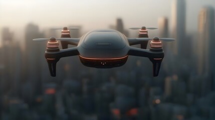 Poster - Ultra Futuristic Electric Concept Vehicle with Drone Like Silhouette Soaring Through Futuristic City Skyline with Advanced Features and Zero Emission Technology