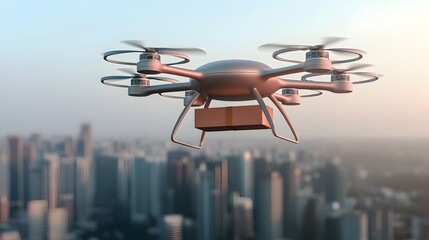 Leinwandbilder - Sleek and aerodynamic futuristic delivery drone with multiple propellers transporting cargo through a modern high rise city skyline  Showcasing the future of efficient