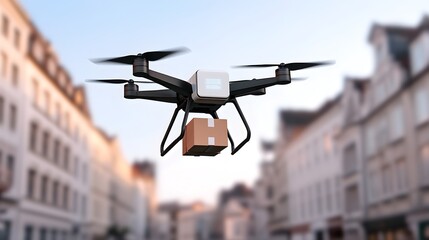 Aufkleber - High tech cargo drone with advanced navigation capabilities soaring over a futuristic urban landscape equipped with smart package handling systems