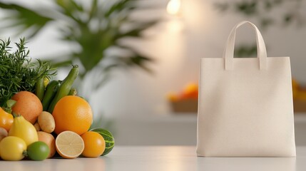 A collection of fresh fruits and vegetables sits beside an elegant beige tote bag on a pristine white table, creating a vibrant and healthy lifestyle scene.