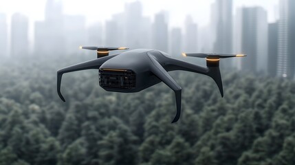 Leinwandbilder - A sleek and futuristic cargo drone with a modular design and advanced energy storage system soaring over a hyper modern urban area with a striking architectural landscape