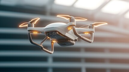 Leinwandbilder - Autonomous futuristic delivery drone with high efficiency propellers smart docking system and sleek streamlined design flying over a cutting edge sustainable urban landscape