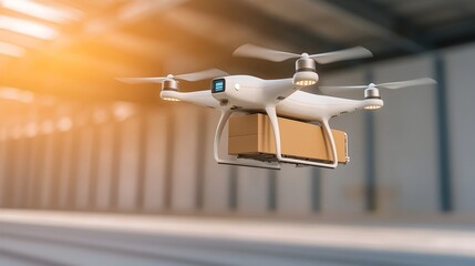 Leinwandbilder - Futuristic drone carrying large cargo powered by and clean energy flying through a high speed urban air corridor for efficient transportation and delivery in the city of the future