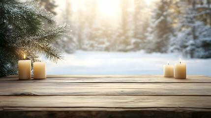 Canvas Print - Snowy Forest with Burning Candles on a Wooden Table