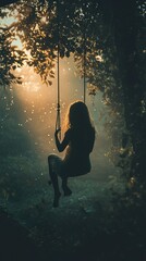 Poster - Silhouette of a Girl on a Swing in a Dreamy Forest