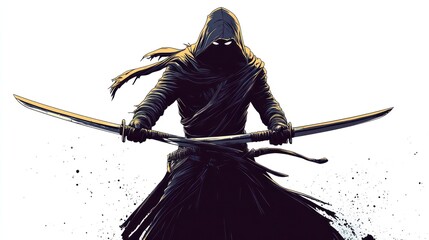 A hooded figure in a black robe holds two katanas, a traditional Japanese sword, in a fighting stance.  The figure is silhouetted against a white background, creating a dramatic and mysterious image.