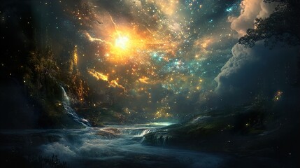 Canvas Print - Mystical Fantasy Landscape with Starry Night Sky and Waterfall