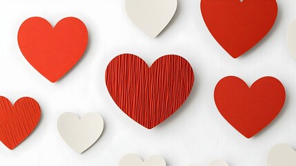 Poster - Assortment of stylish red heart shape stickers in varying designs from simple to intricate arranged in a modern minimalist layout on a clean white background