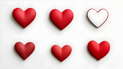 Leinwandbilder - Collection of different shaped and sized glossy red heart stickers displayed on a clean smooth white background with subtle textures and reflective effects creating a modern romantic