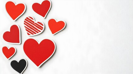 Poster - Collection of different sized red heart shaped stickers with glossy and matte finishes isolated on a clean white background  These versatile decorative elements can be used for branding packaging