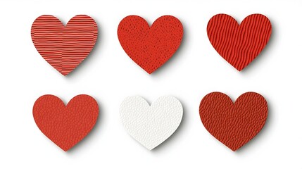Leinwandbilder - Elegant collection of red heart shaped stickers with unique textured designs isolated on a clean and minimalist white background with soft shadows perfect for romantic