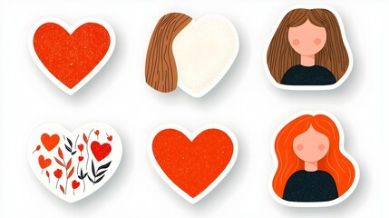 Aufkleber - Elegant set of red heart stickers featuring unique decorative designs and textures isolated on a clean white background with soft shadows for a premium modern and minimalist look