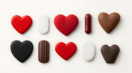 Poster - Diverse collection of red heart shaped stickers with different surface finishes like glossy matte and metallic styles arranged on a clean white background