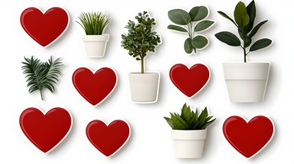 Poster - Assorted red heart shaped stickers in glossy and matte textures arranged in a clean minimal layout on a bright white background showcasing various sizes and designs