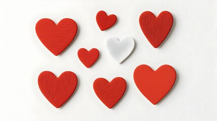 Poster - Assorted red heart stickers in a variety of unique styles designs and finishes including glossy and shadowed effects all isolated on a clean white background for a modern premium aesthetic