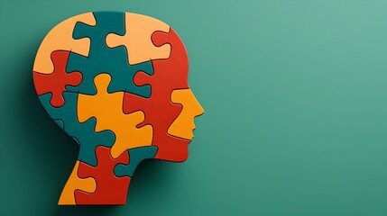 Poster - An abstract human head constructed from geometric puzzle pieces symbolizing the interconnected nature of mental wellness awareness and the human mind