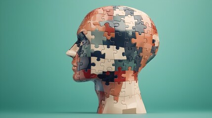 Poster - An conceptual depicting a human head formed by interconnected puzzle pieces symbolizing the complexities and intricacies of mental health