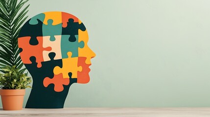 Poster - Abstract puzzle head with pieces fitting together symbolizing mental health recovery and personal growth created using Generative technology for World Mental Health Day