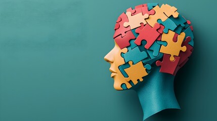Poster - Abstract and conceptual digital of a human head formed from puzzle pieces representing mental health awareness and the complex nature of the human mind