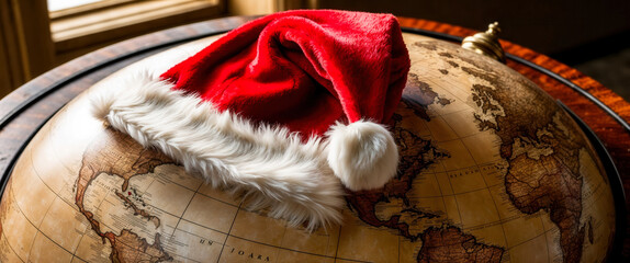 Wall Mural - Santa claus hat resting on antique world globe for christmas concept