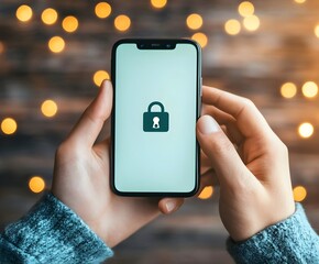 Person holds a cell phone with a lock on the screen which stands for cyber security