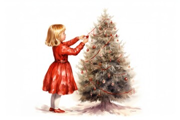 Canvas Print - Decorating a christmas tree dress plant girl.