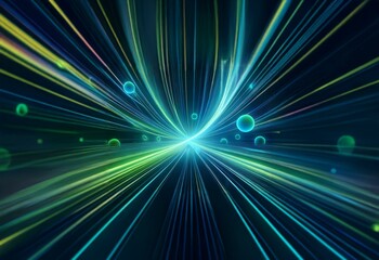 Fototapete - Abstract blue and green lines converge in a central point on a dark background.