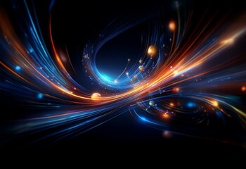 Wall Mural - Abstract background with bright blue and orange light streaks and small glowing orbs.