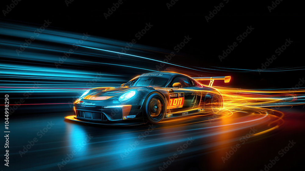 sleek racing car speeds through vibrant, neon lit environment, showcasing dynamic motion with colorful light trails. scene captures thrill of speed and modern automotive design