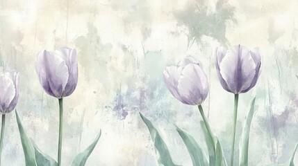 Canvas Print - Lavender tulips with mint stems blend into a textured grunge backdrop for serene wallpaper