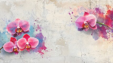 Wall Mural - Bold orchids in vibrant tones contrast with a rough grunge texture wallpaper design