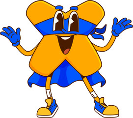 Poster - Cartoon groovy math multiplication sign superhero character. Isolated vector mathematics arithmetic symbol for equations wears retro sneakers, defender cape and mask. Comic personage with happy smile