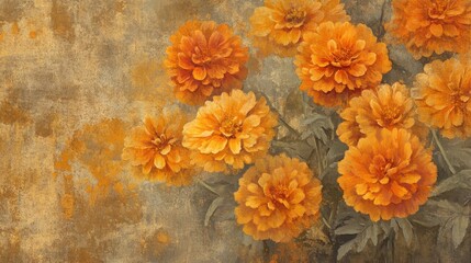 Sticker - Rich gold marigolds on a textured grunge backdrop for a bold wallpaper design