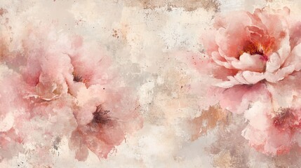 Poster - Peonies in soft tones fading into a grunge backdrop for vintage wallpaper design