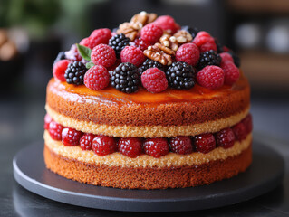 Delicious fruit layer cake with berries and nuts – perfect for celebrations and dessert lovers