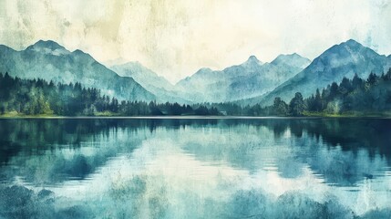 Poster - Mountain lake reflecting peaks fading into a grunge backdrop for tranquil wallpaper