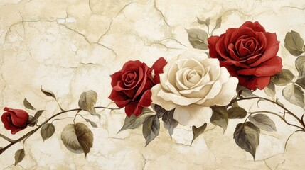 Poster - Red and ivory roses blending into a textured vintage backdrop for wallpaper